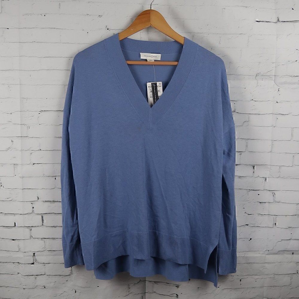 TREASURE & BOND BLUE LONG SLEEVE V NECK CASHMERE BLEND SWEATER SIZE SMALL